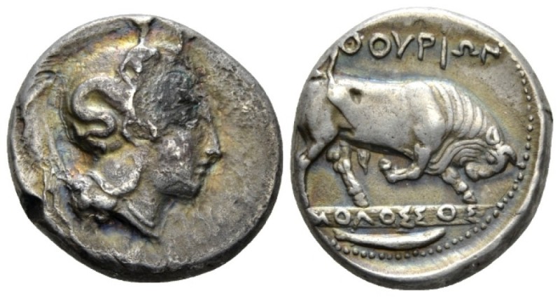 Lucania, Thurium Nomos circa 400-350, AR 22mm., 7.74g. Head of Athena r., wearin...