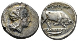 Lucania, Thurium Nomos circa 400-350, AR 22mm., 7.74g. Head of Athena r., wearing Attic helmet decorated with Scylla. Rev. Bull butting r.; in exergue...