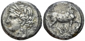 The Carthaginians in Sicily and North Africa, Carthago Reduced double-shekel circa 160-149, billon 25mm., 12.63g. Wreathed head of Tanit l. Rev. Horse...