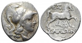 Thessaly, Thessalian League Drachm after 197, AR 19mm., 3.85g. Helmeted head of Athena r. Rev. Horse advancing r., raising foreleg. SNG Lockett 1626. ...