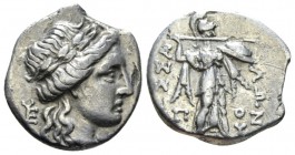 Thessaly, Thessalian League Drachm after 197, AR 17mm., 3.63g. Laureate head of Apollo r. Rev. Athena advancing r., brandishing spear. Hunterian 13. B...