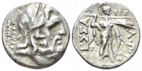 Thessaly, Thessalian League Drachm mid-late I century, AR 22mm., 5.90g. Laureate head of Zeus r. Rev. Athena advancing r., brandishing spear. McClean ...