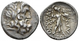 Thessaly, Thessalian League Drachm mid-late I century, AR 22mm., 5.98g. Laureate head of Zeus r. Rev. Athena advancing r., brandishing spear. BCD Thes...