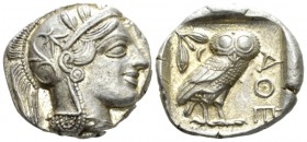 Attica, Athens Tetradrachm after 449, AR 26mm., 17.20g. Head of Athena r., wearing Attic helmet decorated with olive leaves and palmette. Rev. Owl sta...