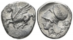 Corinthia, Corinth Stater circa 345-307, AR 20mm., 8.01g. Pegasus flying l. Rev. Head of Athena l., wearing Corinthian helmet decorated with a wreath;...