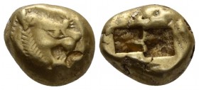 Lydia, Temp. Alyattes – Kroisos, circa 610-546 BC. Sardes EL Trite – Third Stater circa 610-546, EL 12mm., 4.69g. Head of roaring lion r., sun with mu...
