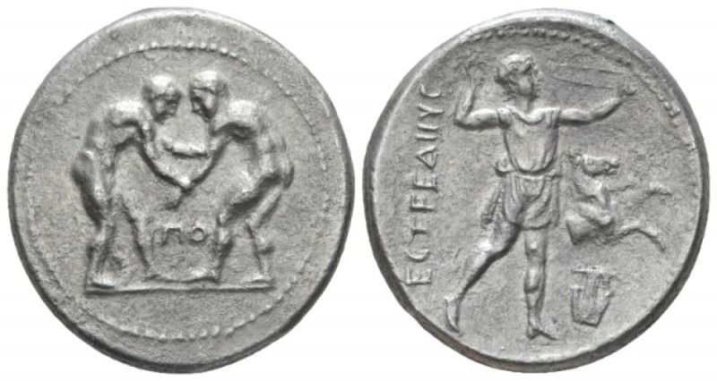 Pamphilia, Aspendos Stater circa 320-280, AR 24.5mm., 9.98g. Two wrestlers grapp...