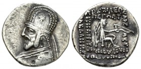 Parthia, Orodes I, 90-77. Drachm circa 90-77., AR 18mm., 4.01g. Bust l. wearing tiara. Rev. Archer seated r. on throne. Shore 124. Sellwood 31.6.

V...