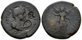 Cilicia, Diocaesarea Caracalla, 198-217 Bronze circa 1998-217, Æ 27.7mm., 13.77g. Laureate, draped and cuirassed bust r; in field, two countermarks: t...