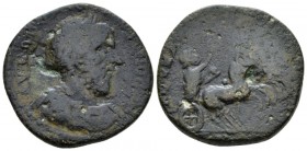 Coele-Syria, Leucas on the Chrysoroas Macrinus, 217-218 Bronze circa 217, Æ 27.1mm., 15.73g. AV K OπԐ MAKPԐINOC CԐ Laureate, draped and cuirassed bust...