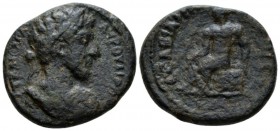 Decapolis, Abila Marcus Aurelius, 161-180 Bronze circa 162-163, Æ 25.7mm., 12.58g. Laureate and cuirassed bust r. Rev. Herakles seated l. on rocks; in...