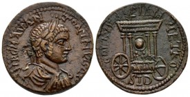 Phoenicia, Sidon Elagabalus, 218-222 Bronze circa 218-222, Æ 26.4mm., 12.69g. Laureate, draped, and cuirassed bust r. Rev. Car of Astarte: baetyl with...