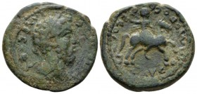 Judaea, Aelia Capitolina (Jerusalem) Marcus Aurelius, 161-180 Bronze circa 177-180, Æ 24.8mm., 9.84g. Laureate head r. Rev. Commodus galloping, r., ra...