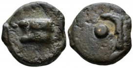Aes Signatum Uncia circa 240, Æ 26mm., 20.60g. Knucklebone seen from outside. Rev. Pellet; to r., sickle. Haeberlin pl. 31, 15. Aes Grave 54. Sydenham...