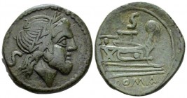 Semis after 211, Æ 27.8mm., 16.22g. Laureate head of Saturn r; behind, S. Rev. Prow r.; above, S and below, ROMA. Sydenham 143a. RBW 203. Cf. McCabe "...
