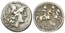 Denarius circa 206-195, AR 19mm., 3,79g. Helmeted head of Roma r.; behind, X. Rev. The Dioscuri galloping r.; below, rostrum tridens and ROMA in parti...