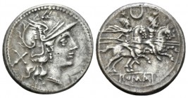 Denarius circa 194-190, AR 19.5mm., 3.87g. Helmeted head of Roma r.; behind, X. Rev. The Dioscuri galloping r.; above, crescent. Below, ROMA in partia...