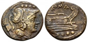 Triens circa 189-180, Æ 21mm., 5.12g. Helmeted head of Minerva r.; above, four pellets. Rev. Prow r.; above, legionary eagle with spread wings perched...