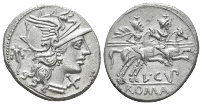 L. Cupiennus. Denarius circa 147, AR 19.5mm., 3.22g. Helmeted head of Roma r.; b...