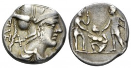 T. Veturius. Denarius circa 137, AR 18.4mm., 4.00g. TI ·VET ligate Helmeted and draped bust of Mars r.; behind neck, X. Rev. Oath-taking scene: youth ...