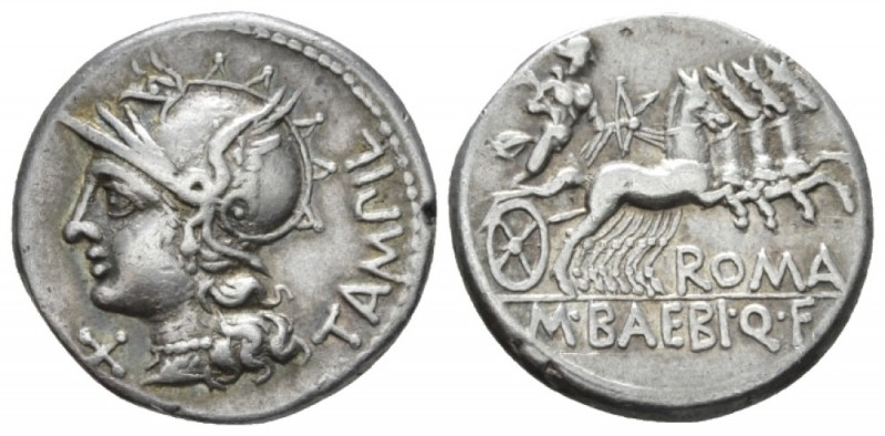 M. Baebius Q.f. Tampilus Denarius circa 137, AR 19mm., 3.94g. Helmeted head of R...