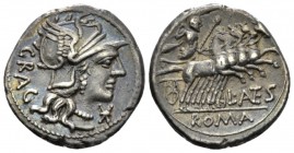 L. Antestius Gragulus. Denarius circa 136, AR 19.5mm., 3.86g. Helmeted head of Roma r.; below chin, Ú and behind, GRAG. Rev. Jupiter in fast quadriga ...