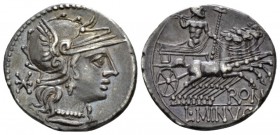 L. Minucius. Denarius circa 133, AR 20mm., 3.83g. Helmeted head of Roma r.; behind, Ú. Rev. Jupiter in prancing quadriga r., hurling thunderbolt and h...