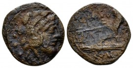 Cn. Domitius Calvinus Quadrans circa 128, Æ 18mm., 3.35g. Head of Hercules r., wearing lion’s skin; behind, three pellets. Rev. CN·DOME Prow r.; befor...