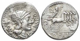 Q. Fabius Labeo. Denarius circa 124, AR 18.5mm., 3.92g. Helmeted head of Roma r.; behind, ROMA and before, LABEO. Below chin, X. Rev. Jupiter in pranc...