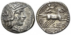 M. Calidius, Q. Metellus and Cn. Fulvius. Denarius 117 or 116, AR 17.5mm., 3.91g. Helmeted head of Roma r.; behind, ROMA and before, Û. Rev. Victory i...