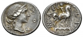 Man. Aemilius Lepidus Denarius 114 or 113, AR 19.8mm., 3.90g. ROMA Laureate, diademed and draped bust of Roma r.; behind, *. Rev. MN·AE – MILIO. Eques...