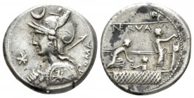 P. Licinius Nerva. Denarius 113 or 112, AR 18mm., 3.92g. Helmeted bust of Roma l., holding shield in l. hand and spear over shoulder in r.; in l. fiel...