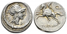 L. Manlius Torquatus Denarius 113 or 112, AR 18.5mm., 3.91g. Helmeted head of Roma r.; behind, ROMA and below, chin X. All within torque. Rev. Horsema...