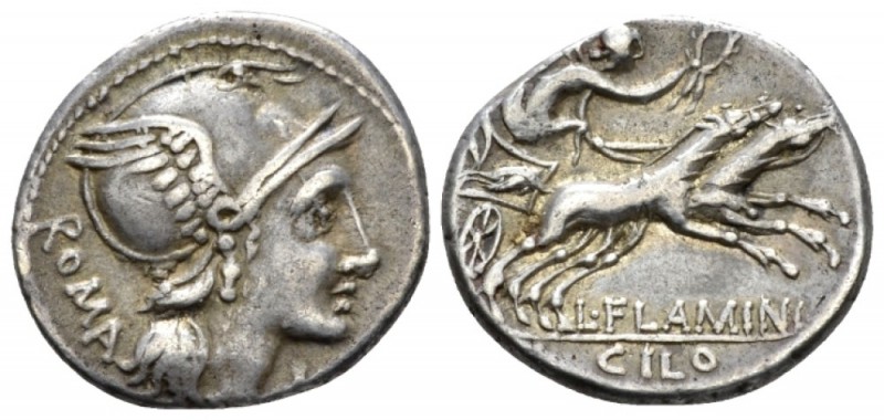 L. Flaminius Chilo. Denarius circa 109 or 108, AR 19mm., 3.82g. Helmeted head of...