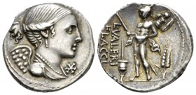 L. Valerius Flacco. Denarius 108 or 107, AR 19.5mm., 3.93g. Draped bust of Victory r.; below chin, *. Rev. L•VALERI / FLACCI Mars walking l., holding ...