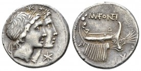 M.n. Fonteius. Denarius circa 108-107, AR 19.5mm., 3.92g. Jugate and laureate heads of the Dioscuri r.; before, *. Rev. Galley r.; above, MN·FONTEI. B...