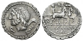 L.Memmius Galeria. Denarius serratus circa 106, AR 19.3mm., 3.89g. Laureate head of Saturn l.; behind, harpa and ROMA. Below chin, S. Rev. Venus in bi...