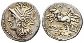 C. Coelius Caldus. Denarius circa 104, AR 18mm., 3.98g. Helmeted head of Roma l. Rev. Victory in prancing biga l.; above, S : and below, C·COIL. In ex...