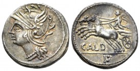 C. Coelius Caldus. Denarius circa 104, AR 18.8mm., 3.89g. Helmeted head of Roma l. Rev. Victory in prancing biga l.; below, CALD. In exergue, N:. Babe...