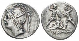 Q. Minucius M. f. Ter. Denarius circa 103, AR 18.8mm., 4.17g. Helmeted head of Mars l. Rev. Roman soldier fighting enemy in protection of fallen comra...