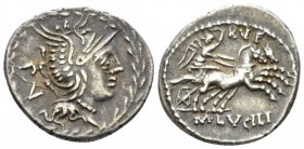 M. Lucilius Rufus. Denarius circa 101, AR 20.5mm., 3.79g. Helmeted head of Roma r.; behind, PV. All within laurel wreath. Rev. RVF Victory in biga r.,...