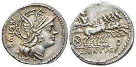 L. Sentius C. f. Denarius circa 101, AR 21mm., 3.89g. Helmeted head of Roma r.; behind, ARG PVB. Rev. Jupiter in prancing biga r.; above horses, N. In...