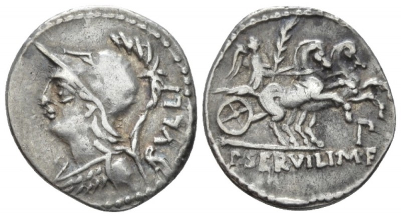 P. Servilius M.f. Rullus. Denarius circa 100, AR 19mm., 3.70g. Helmeted bust of ...