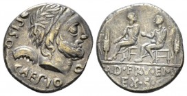L. Calpurnius Piso Caesoninus and Q. Servilius Caepio. Denarius circa 100, AR 17mm., 3.81g. PISO·CAEPIO – Q Laureate head of Saturn r.; above star (?)...