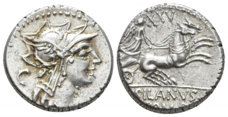 D. Iunius Silanus L.f. Denarius circa 91, AR 17.8mm., 3.86g. Helmeted head of Ro...