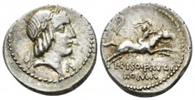 L. Calpurnius Piso L. f. Frugi. Denarius circa 90, AR 18.5mm., 3.99g. Laureate head of Apollo r.; below chin, Λ. Rev. Horseman r., holding palm branch...
