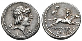 L. Piso Frugi Denarius circa 90, AR 18.8mm., 3.93g. Laureate head of Apollo r.; in front, Δ. Rev. Rev. Naked horseman galloping l., holding palm-branc...