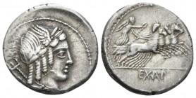 L. Iulius Bursio. Denarius circa 85, AR 19mm., 3.85g. Male head r., with the attributes of Apollo, Mercury and Neptune; behind, wheel. Rev. Victory in...