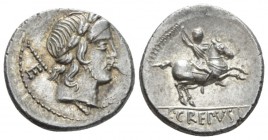 P. Crepusius. Denarius circa 82, AR 18mm., 3.83g. Laureate head of Jupiter Axurus r., sceptre on far shoulder; behind, E and below chin, sea turtle (?...