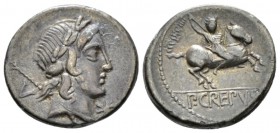 P. Crepusius. Denarius circa 82, AR 18mm., 3.73g. Laureate head of Jupiter Axurus r., sceptre on far shoulder; behind, V and below chin, *. Rev. Horse...